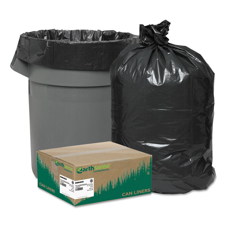 Earthsense Commercial Linear Low Density Recycled Can Liners, 45 gal, 1.25 mil, 40" x 46", Black, 10 Bags/Roll, 10 Rolls/Carton (WBIRNW4850)