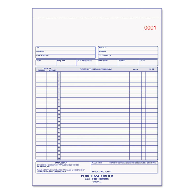 RED1L147 - Rediform Purchase Order Book, 17 Lines, Three-Part Carbonless, 8.5 x 11, 50 Forms Total (RED1L147)