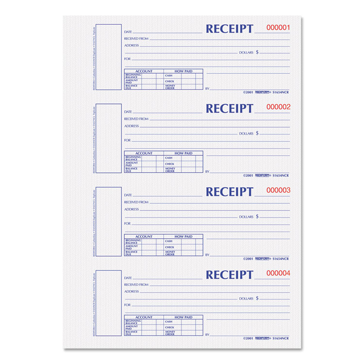 Rediform Durable Hardcover Numbered Money Receipt Book, Two-Part Carbonless, 6.88 x 2.75, 4 Forms/Sheet, 300 Forms Total (REDS1654NCR)