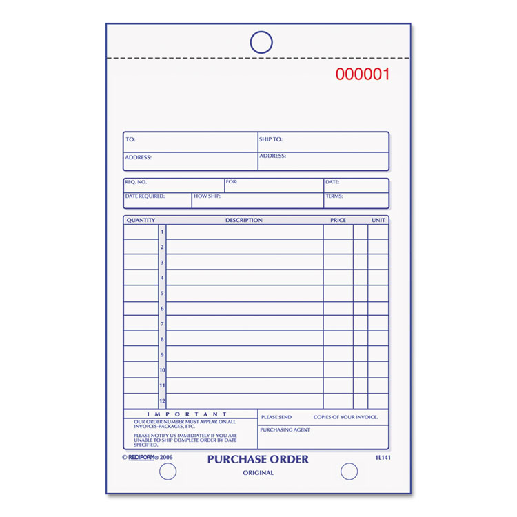 RED1L141 - Rediform Purchase Order Book, 12 Lines, Three-Part Carbonless, 5.5 x 7.88, 50 Forms Total (RED1L141)