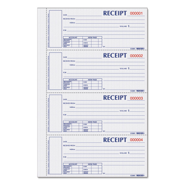 Rediform Durable Hardcover Numbered Money Receipt Book, Three-Part Carbonless, 6.88 x 2.75, 4 Forms/Sheet, 200 Forms Total (REDS1657NCL)