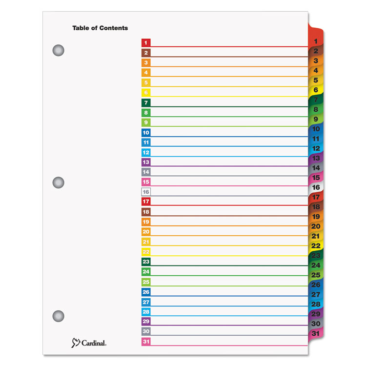 Cardinal OneStep Printable Table of Contents and Dividers, 31-Tab, 1 to 31, 11 x 8.5, White, Assorted Tabs, 1 Set (CRD60118)