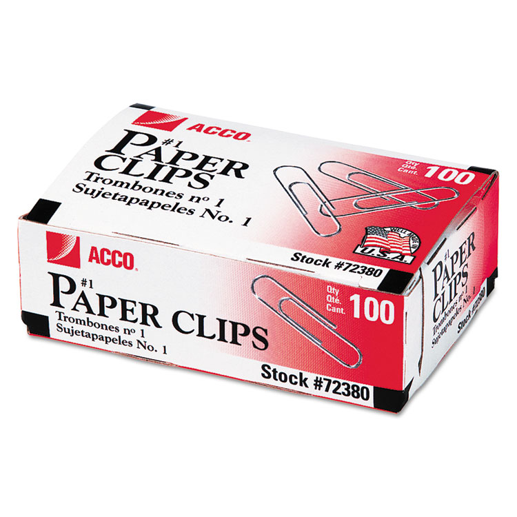 ACCO Paper Clips, #1, Smooth, Silver, 100 Clips/Box, 10 Boxes/Pack (ACC72380)