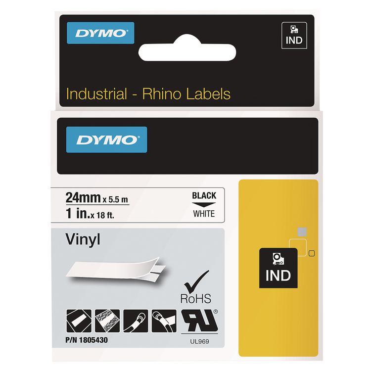 DYMO Rhino Permanent Vinyl Industrial Label Tape, 1" x 18 ft, White/Black Print (DYM1805430)