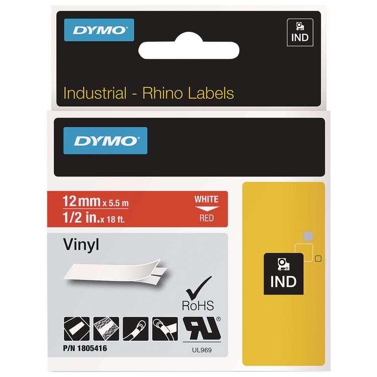 DYM1805416 - DYMO Rhino Permanent Vinyl Industrial Label Tape, 0.5" x 18 ft, Red/White Print (DYM1805416)