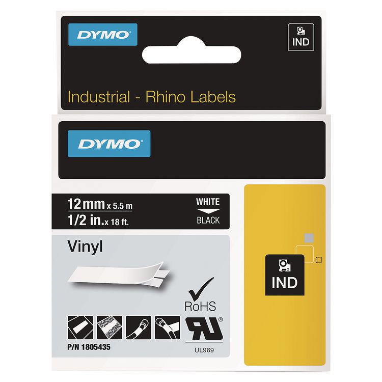 DYMO Rhino Permanent Vinyl Industrial Label Tape, 0.5" x 18 ft, Black/White Print (DYM1805435)