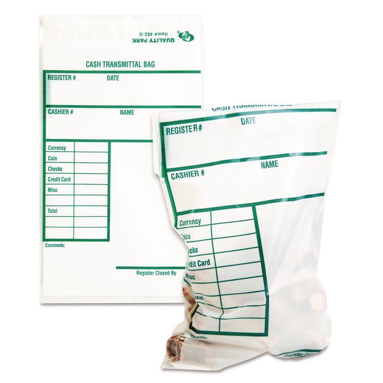Quality Park Cash Transmittal Bags, Printed Info Block, 6 x 9, Clear, 100/Pack (QUA45220)
