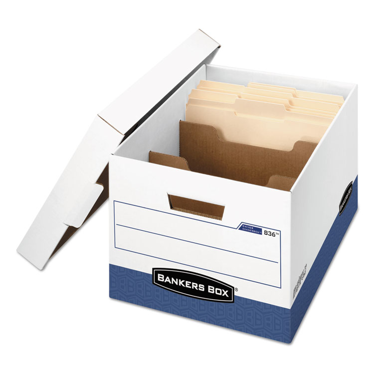 Bankers Box R-KIVE Heavy-Duty Storage Boxes with Dividers, Letter/Legal Files, 12.75" x 16.5" x 10.38", White/Blue, 12/Carton (FEL0083601)
