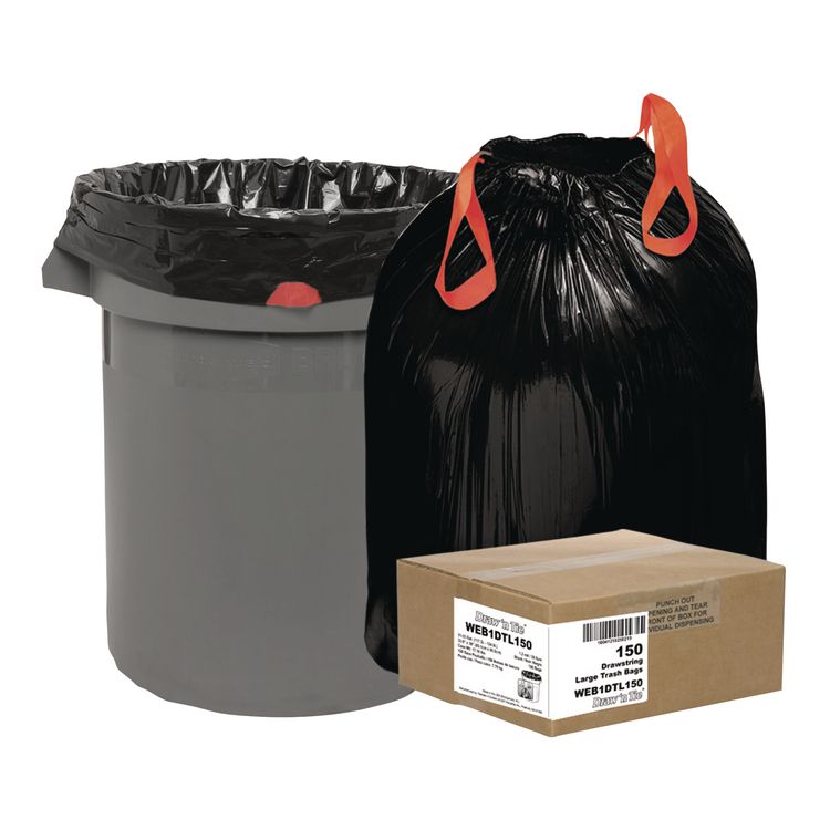 Draw 'n Tie Heavy-Duty Trash Bags, Drawstring, 33 gal, 1.2 mil, 33.5" x 38", Black, 25 Bags/Roll, 6 Rolls/Box (WBI1DTL150)