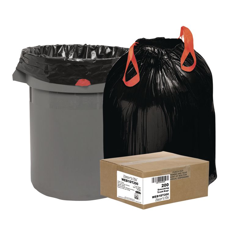 Draw 'n Tie Heavy-Duty Trash Bags, Drawstring, 30 gal, 1.2 mil, 30.5" x 33", Black, 25 Bags/Roll, 8 Rolls/Box (WBI1DT200)