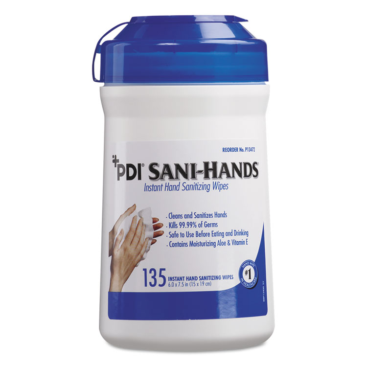 Sani Professional PDI Sani-Hands ALC Instant Hand Sanitizing Wipes, 1-Ply, 7.5 x 6, White, 135/Canister, 12 Canisters/Carton (NICP13472)