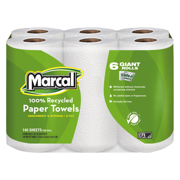 Marcal 100% Premium Recycled Kitchen Roll Towels, 2-Ply, 11 x 5.5, White, 140/Roll, 6 Rolls/Pack (MRC6181PK)