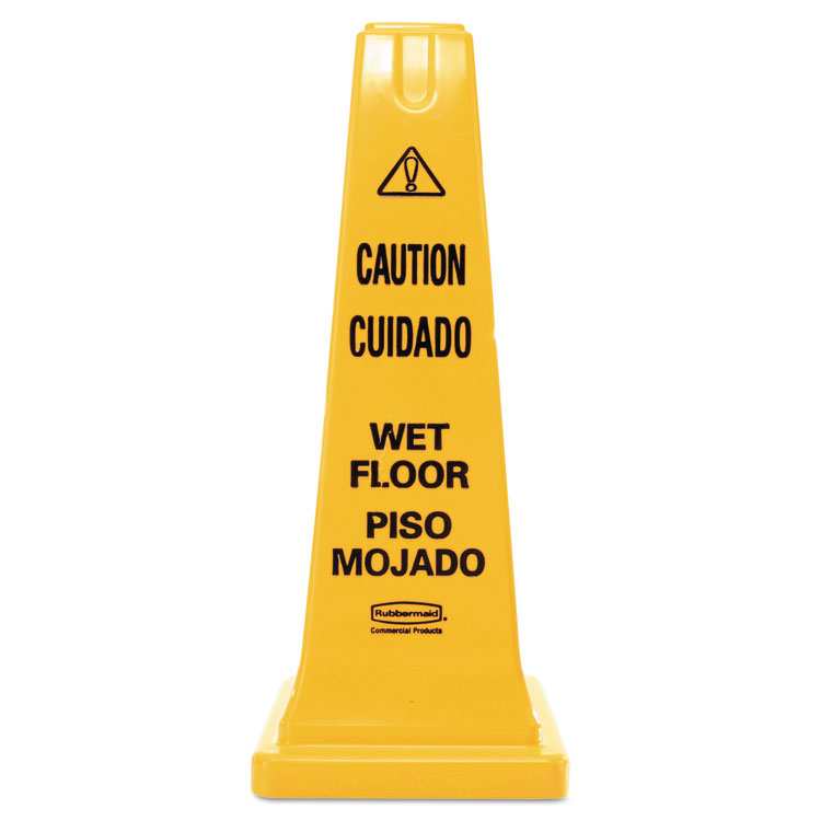 Rubbermaid Commercial Multilingual Wet Floor Safety Cone, 10.55 x 10.5 x 25.63, Yellow (RCP627777)
