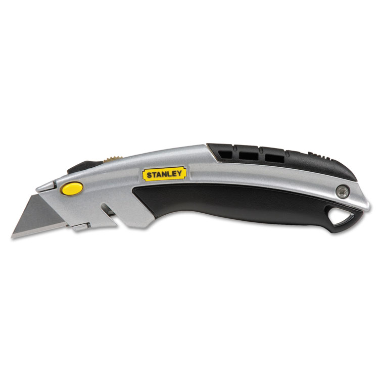 Stanley Curved Quick-Change Utility Knife, Stainless Steel Retractable Blade, 3 Blades, 6.63" Metal Handle, Black/Chrome (BOS10788)