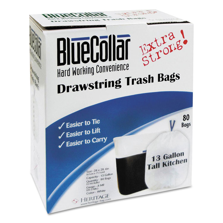 BlueCollar Drawstring Trash Bags, Drawstring, 13 gal, 24" x 28", White, 80 Bags/Box, 6 Boxes/Carton (HERN4828EWRC1CT)