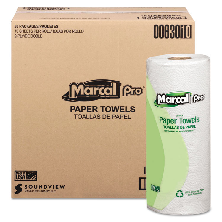 Marcal PRO 100% Premium Recycled Kitchen Roll Towels, 2-Ply, 11 x 9, White, 70/Roll, 30 Rolls/Carton (MRC630)