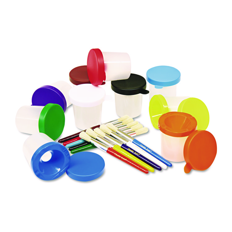 Creativity Street No-Spill Cups and Coordinating Brushes, Assorted Color Lids/Clear Cups, 10/Set (CKC5104)