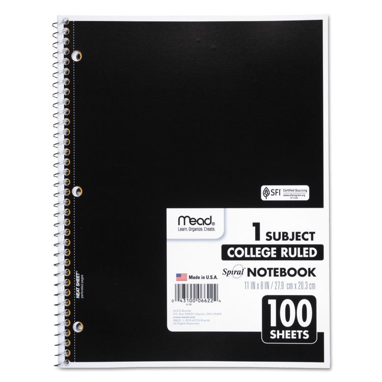 Mead Spiral Notebook, 1-Subject, Medium/College Rule, Randomly Assorted Cover Color, (100) 11 x 8 Sheets (MEA06622)