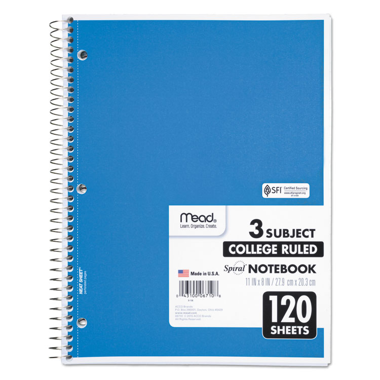 Mead Spiral Notebook, 3-Subject, Medium/College Rule, Randomly Assorted Cover Color, (120) 11 x 8 Sheets (MEA06710)