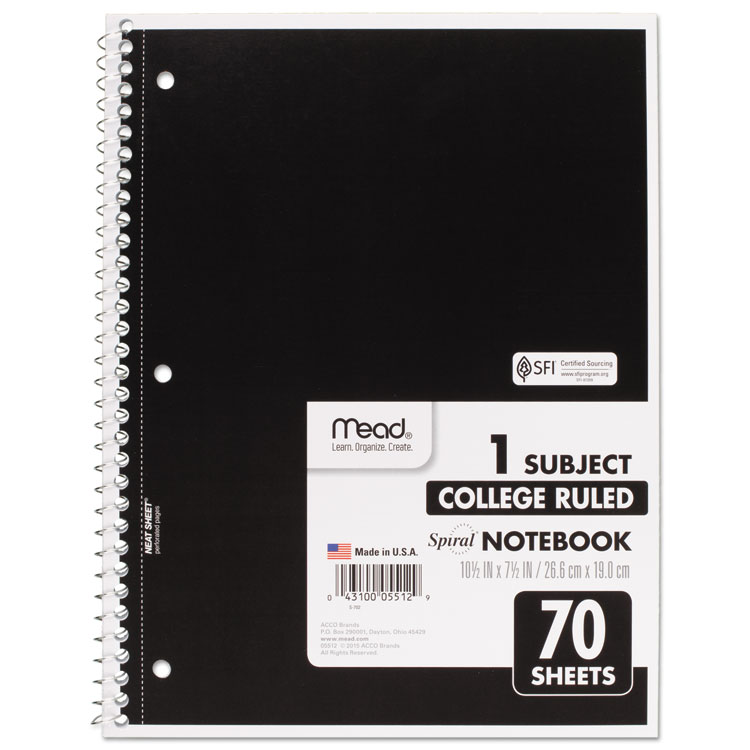 Mead Spiral Notebook, 1-Subject, Medium/College Rule, Randomly Assorted Cover Color, (70) 10.5 x 7.5 Sheets (MEA05512)