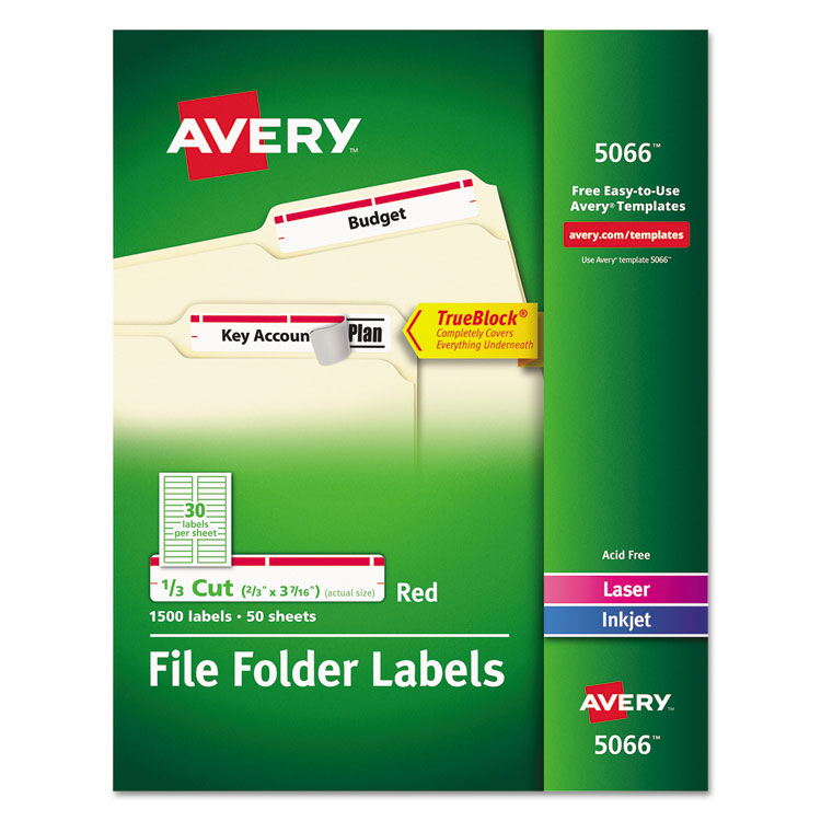 Avery Permanent TrueBlock File Folder Labels with Sure Feed Technology, 0.66 x 3.44, White, 30/Sheet, 50 Sheets/Box (AVE5066)