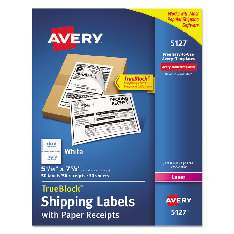 Avery Shipping Labels with Paper Receipt and TrueBlock Technology, Inkjet/Laser Printers, 5.06 x 7.63, White, 50/Pack (AVE5127)