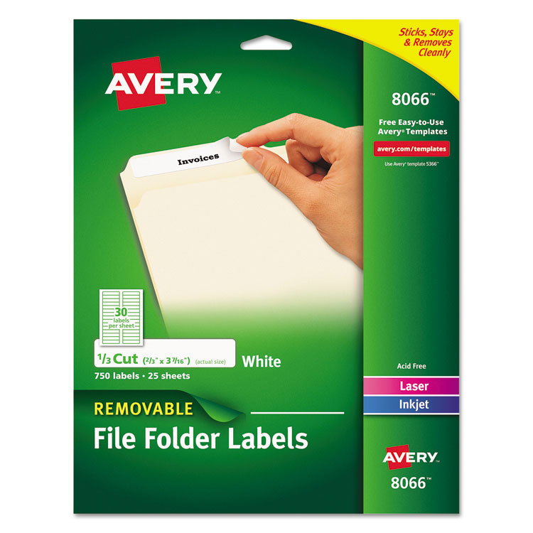 AVE8066 - Avery Removable File Folder Labels with Sure Feed Technology, 0.66 x 3.44, White, 30/Sheet, 25 Sheets/Pack (AVE8066)