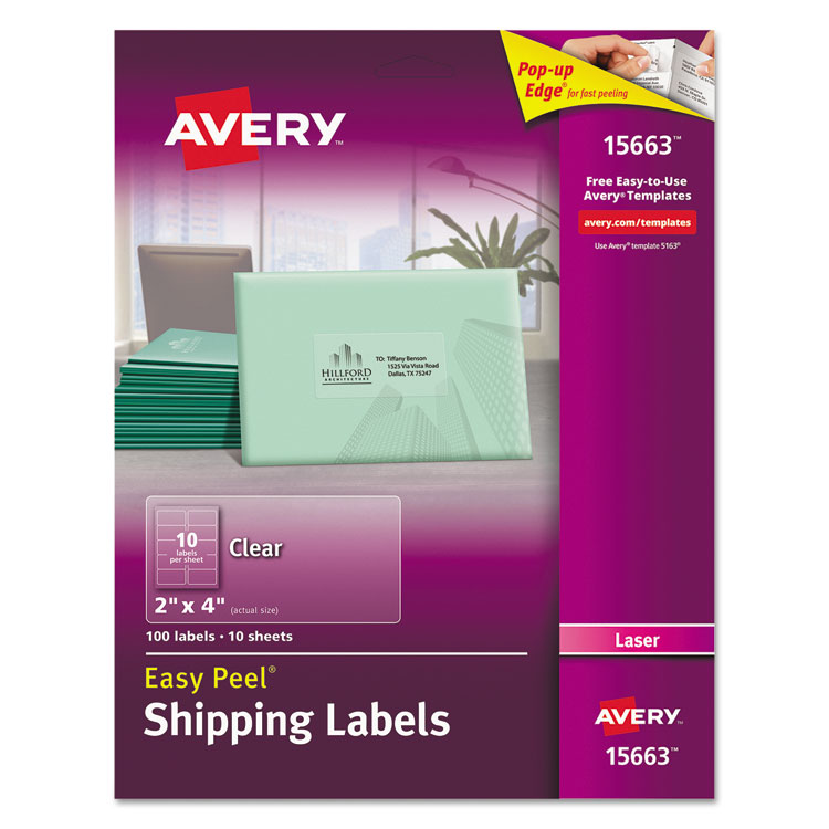 Avery Matte Clear Easy Peel Mailing Labels w/ Sure Feed Technology, Laser Printers, 2 x 4, Clear, 10/Sheet, 10 Sheets/Pack (AVE15663)