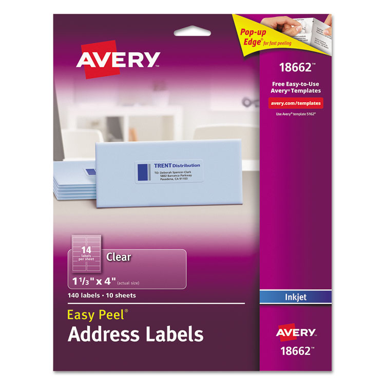 Avery Matte Clear Easy Peel Mailing Labels w/ Sure Feed Technology, Inkjet Printers, 1.33 x 4, Clear, 14/Sheet, 10 Sheets/Pack (AVE18662)