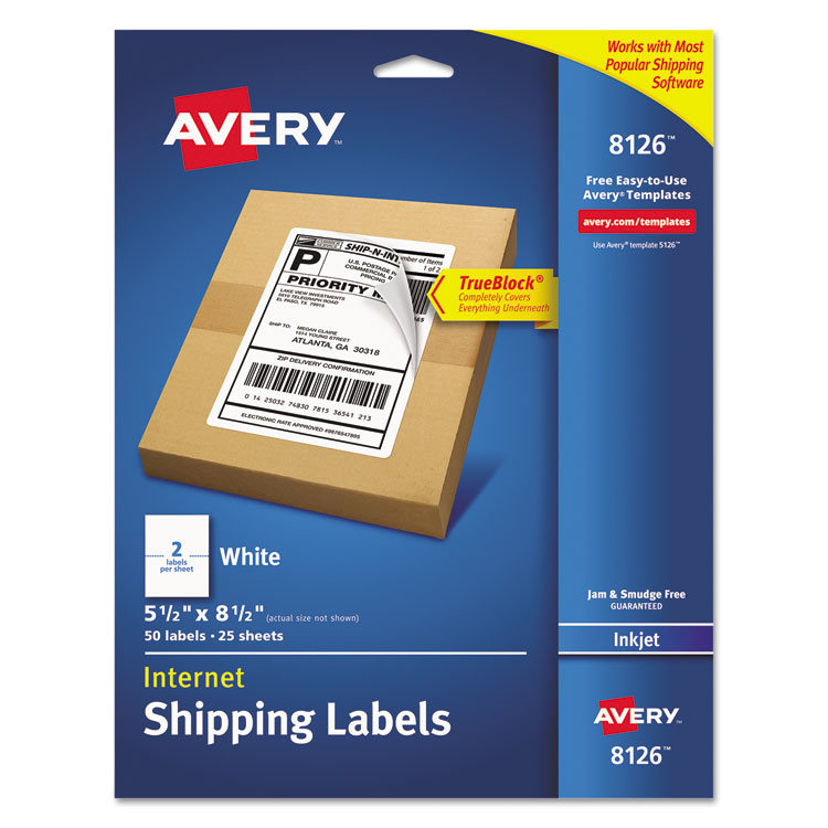 Avery Shipping Labels w/ TrueBlock Technology, Inkjet Printers, 5.5 x 8.5, White, 2/Sheet, 25 Sheets/Pack (AVE8126)