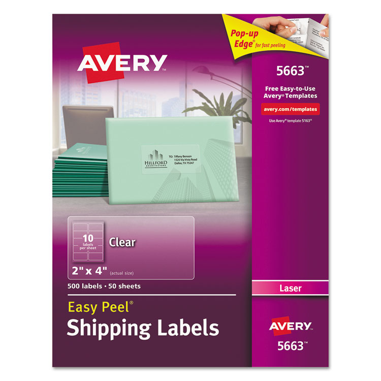 Avery Matte Clear Easy Peel Mailing Labels w/ Sure Feed Technology, Laser Printers, 2 x 4, Clear, 10/Sheet, 50 Sheets/Box (AVE5663)
