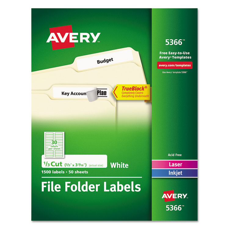 Avery Permanent TrueBlock File Folder Labels with Sure Feed Technology, 0.66 x 3.44, White, 30/Sheet, 50 Sheets/Box (AVE5366)
