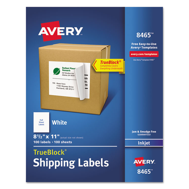 Avery Shipping Labels with TrueBlock Technology, Inkjet Printers, 8.5 x 11, White, 100/Box (AVE8465)