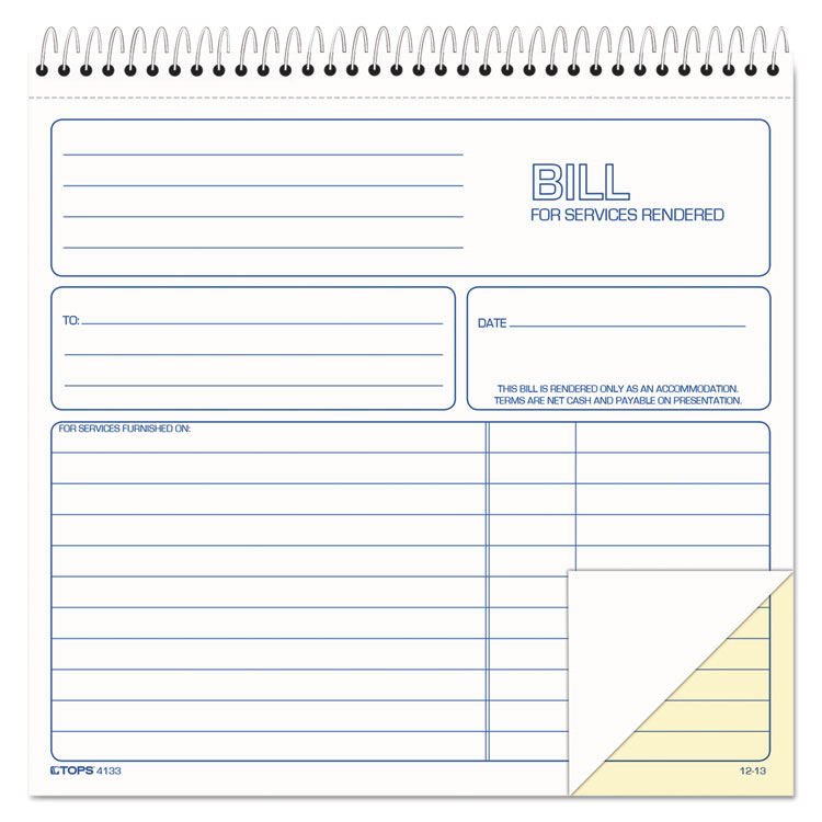 TOPS Bill for Services Rendered Book, Two-Part Carbonless, 8.5 x 7.75, 50 Forms Total (TOP4133)