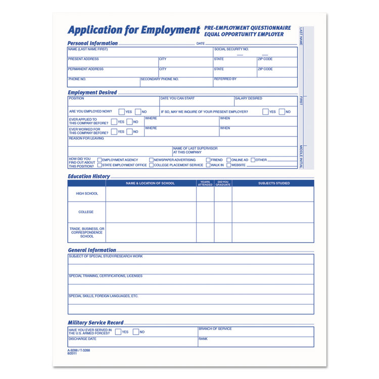 TOPS Comprehensive Employee Application Form, One-Part (No Copies), 17 x 11, 25 Forms Total (TOP3288)