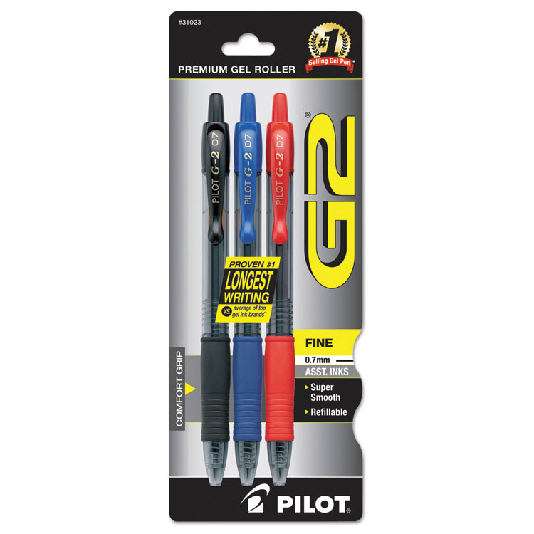 Pilot G2 Premium Gel Pen, Retractable, Fine 0.7 mm, Assorted Ink and Barrel Colors, 3/Pack (PIL31023)