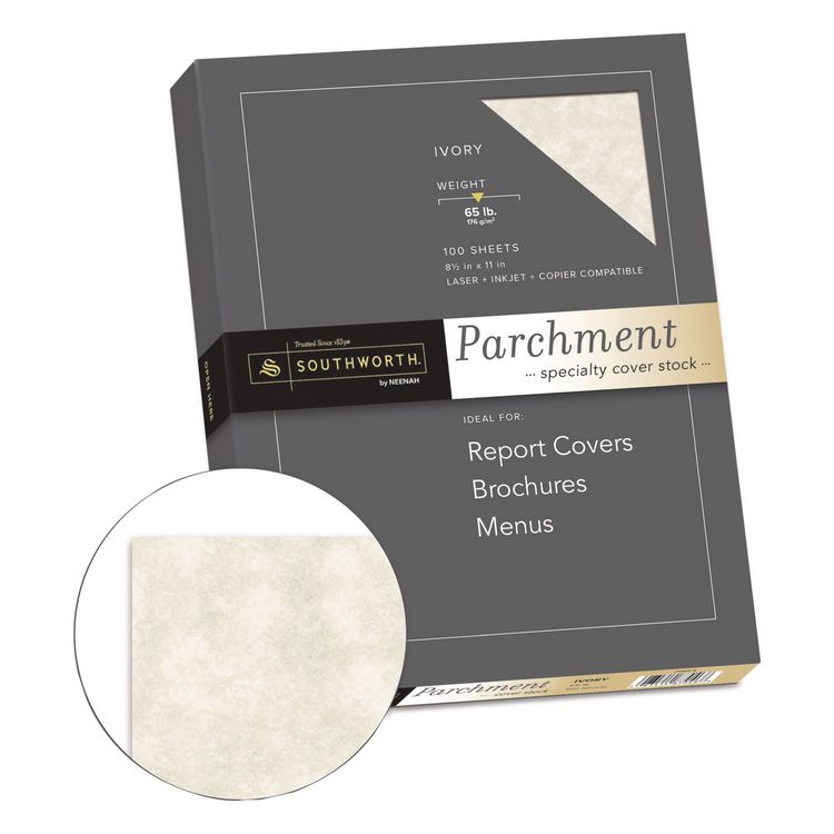 Southworth Parchment Specialty Paper, 65 lb Cover Weight, 8.5 x 11, Ivory, 100/Box (SOUZ980CK)