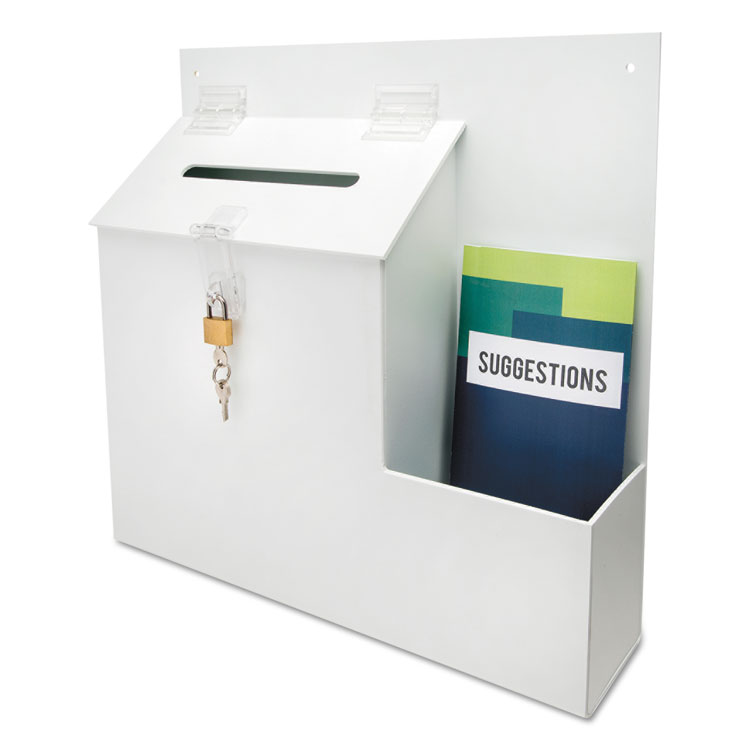 deflecto Suggestion Box Literature Holder with Locking Top, 13.75 x 3.63 x 13.94, Plastic, White (DEF79803)
