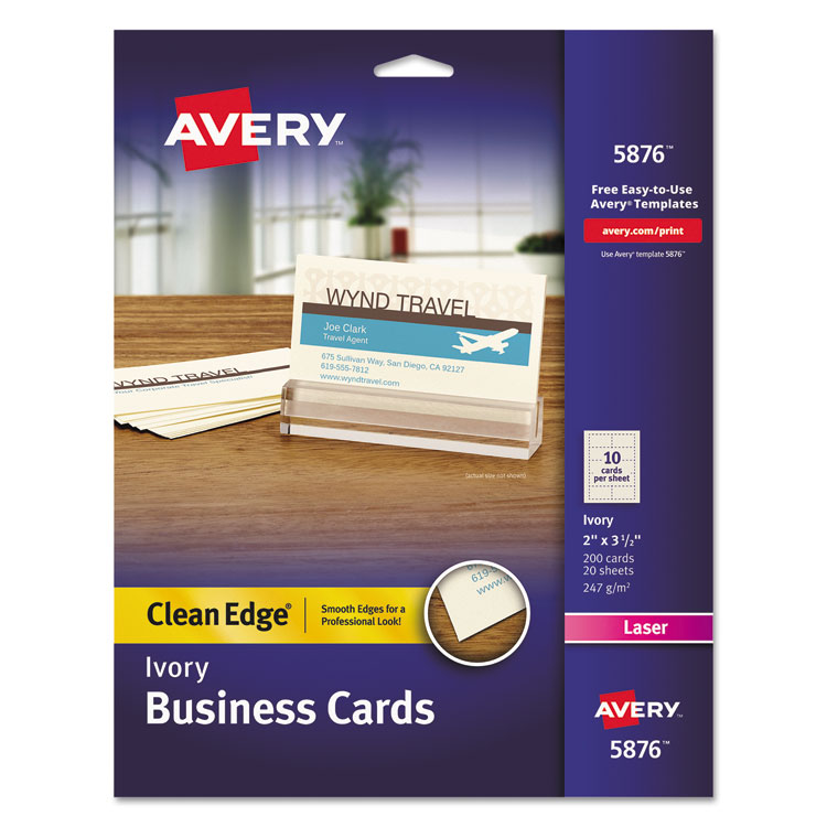 Avery Clean Edge Business Cards, Laser, 2 x 3.5, Ivory, 10 Cards/Sheet, 20 Sheets/Pack (AVE5876)
