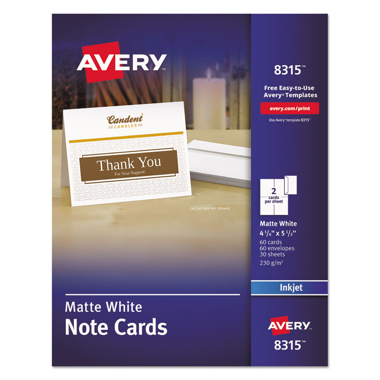 Avery Note Cards with Matching Envelopes, Inkjet, 85 lb, 4.25 x 5.5, Matte White, 60 Cards, 2 Cards/Sheet, 30 Sheets/Pack (AVE8315)