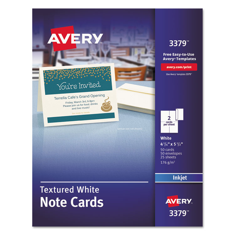 Avery Note Cards with Matching Envelopes, Inkjet, 65lb, 4.25 x 5.5, Textured Uncoated White, 50 Cards, 2 Cards/Sheet, 25 Sheets/Box (AVE3379)