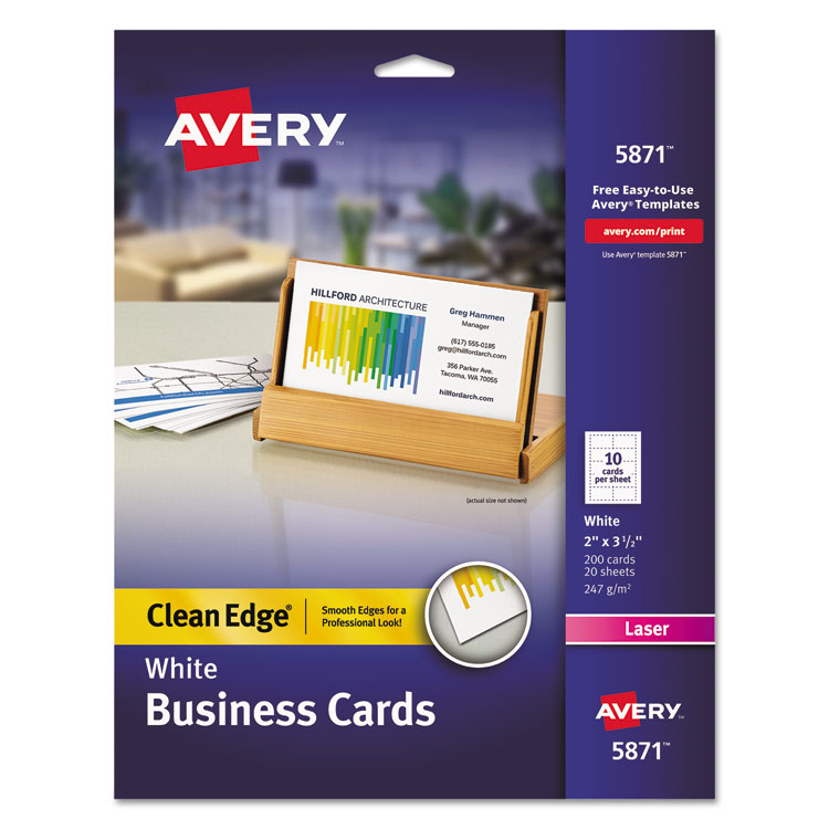 Avery Clean Edge Business Cards, Laser, 2 x 3.5, White, 10 Cards/Sheet, 20 Sheets/Pack (AVE5871)