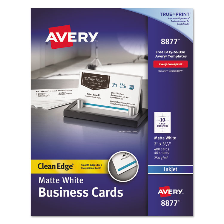 Avery True Print Premium Clean Edge Business Cards, Inkjet, 2 x 3.5, White, 10 Cards/Sheet, 40 Sheets/Box (AVE8877)