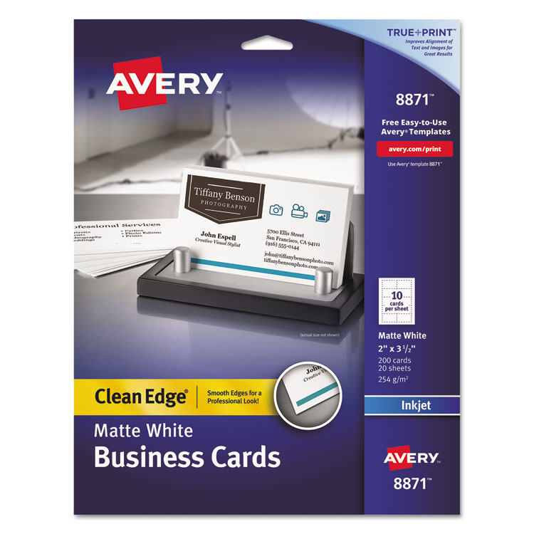 Avery True Print Premium Clean Edge Business Cards, Inkjet, 2 x 3.5, White, 10 Cards/Sheet, 20 Sheets/Pack (AVE8871)