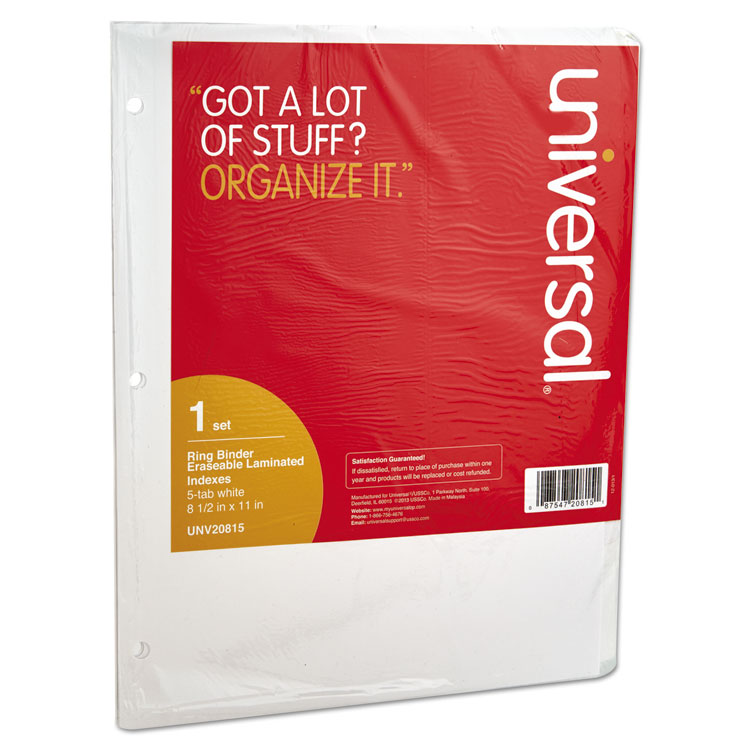 Universal Deluxe Write-On/Erasable Tab Index, 5-Tab, 11 x 8.5, White, White Tabs, 1 Set (UNV20815)