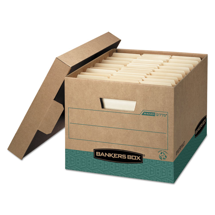 Bankers Box R-KIVE Heavy-Duty Storage Boxes, Letter/Legal Files, 12.75" x 16.5" x 10.38", Kraft/Green, 12/Carton (FEL12775)