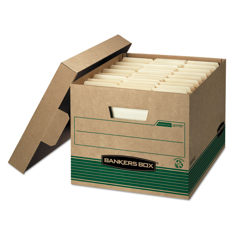 Bankers Box STOR/FILE Medium-Duty 100% Recycled Storage Boxes, Letter/Legal Files, 12.5" x 16.25" x 10.25", Kraft/Green, 12/Carton (FEL12770)