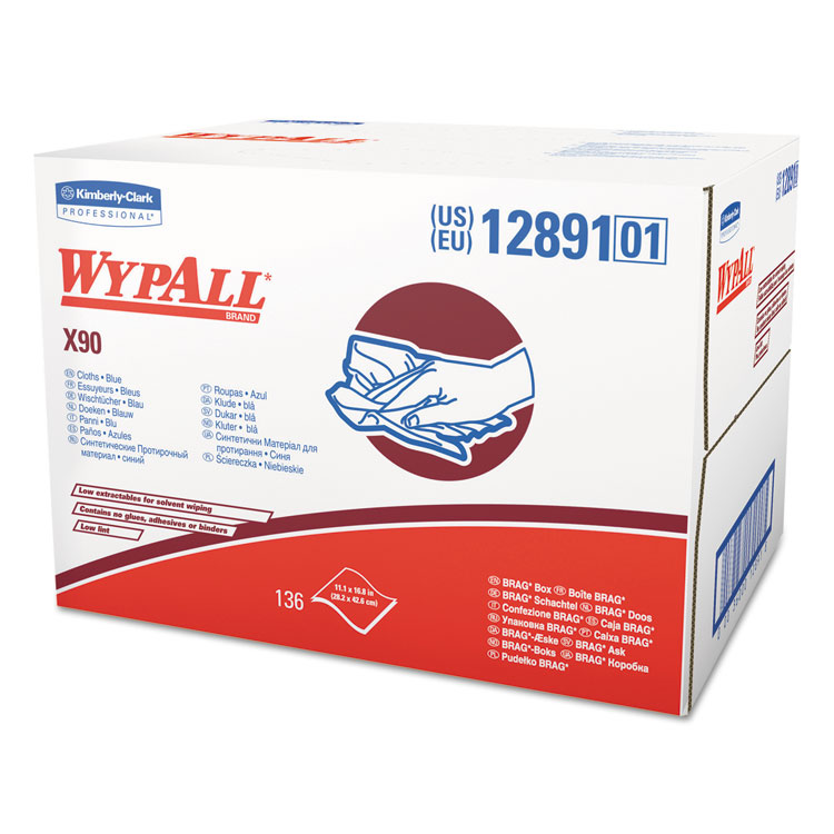 WypAll X90 Cloths, BRAG Box, 2-Ply, 11.1 x 16.8, Denim Blue, 136/Carton (KCC12891)