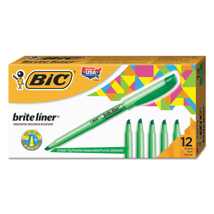 BIC Brite Liner Highlighter, Fluorescent Green Ink, Chisel Tip, Green/Black Barrel, Dozen (BICBL11GN)