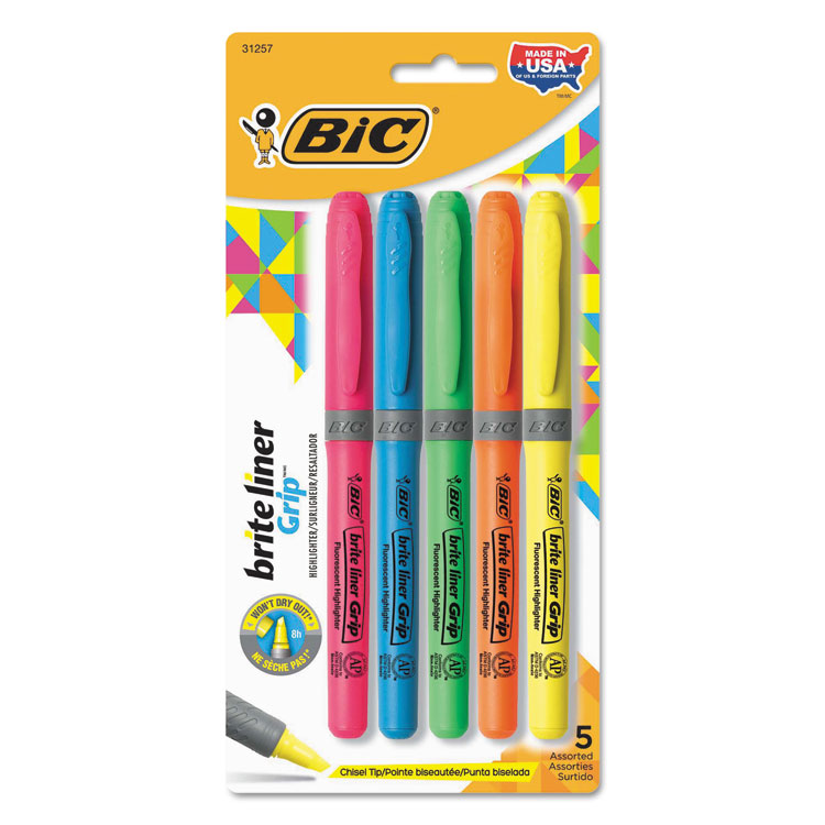 BIC Brite Liner Grip Pocket Highlighter, Assorted Ink Colors, Chisel Tip, Assorted Barrel Colors, 5/Set (BICGBLP51ASST)